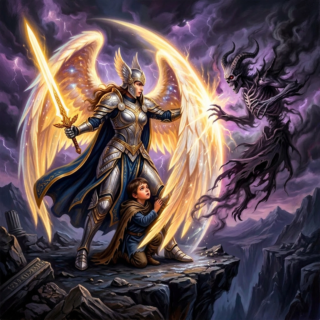 Armored angel warrior with glowing sword and wings protecting child from shadowy demon