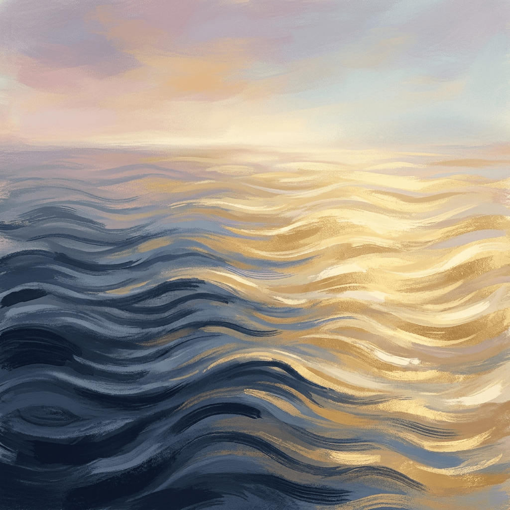 Abstract navy and gold ocean waves beneath a pastel sunset sky
