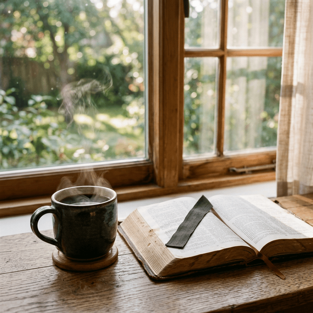 Steaming coffee beside an open Bible on a wooden table