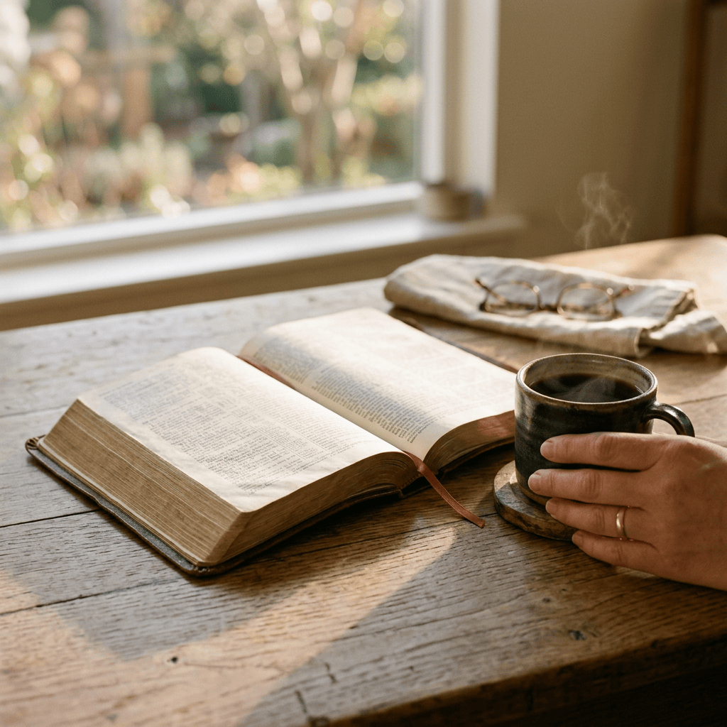 Open book beside steaming coffee, glasses, and a hand on a wooden table